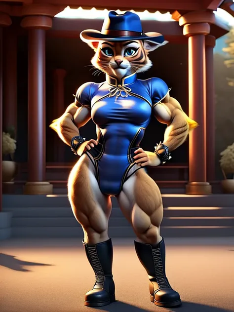 Puss in Boots, DreamWorks Animated, Leotard,((Wearing a fedora hat with a yellow feather)), 3:1 Hip to leg ratio, Chun Li Outfit, Hourglass-Shaped Torso, Wide Hips, Muscular, Medium Breasts, Brighter Lighting