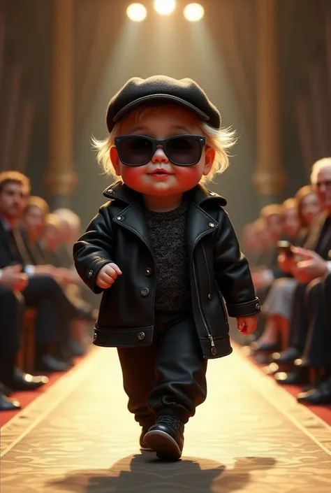  Create A chubby little baby wearing sunglasses and a stylish cap walking down a haute couture runway. She is wearing a luxurious outfit adorned in black , with a textured jacket ... 