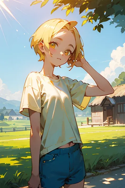 (masterpiece,  top quality, bright),  light yellow short hair,  yellow round eyes ,  shining eyes ,  white t-shirt ,  blue shorts ,  one hand one forehead , rural village , Good weather , sunlight, heat, summer