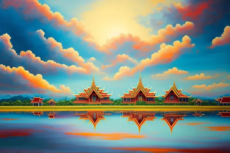 cloudy sky. bright sky. Thai style painting. Chalermchai Kositpipat painting style. Heaven in Thai literature.