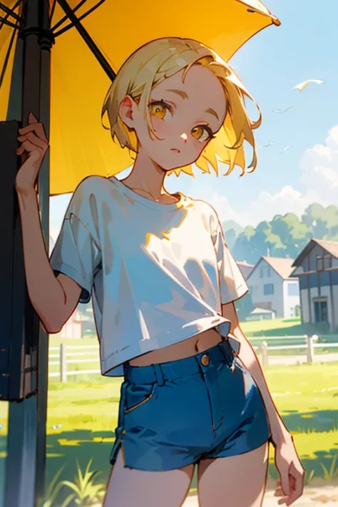 (masterpiece,  top quality, bright),  light yellow short hair,  yellow round eyes ,  shining eyes ,  white t-shirt ,  blue shorts ,  one hand one forehead , rural village , Good weather , sunlight, heat, summer