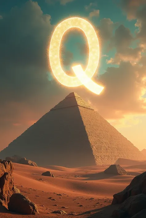 The letters q float above the pyramid