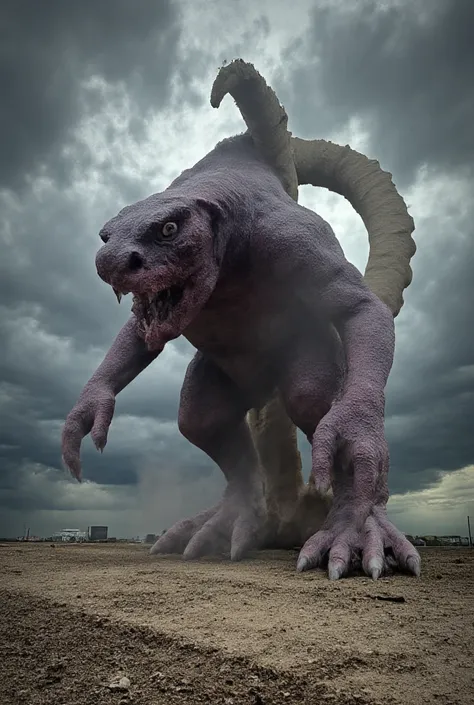 Create a 9:16 photorealistic image of an angry giant hybrid creature combining the elements of the previous 2 animals