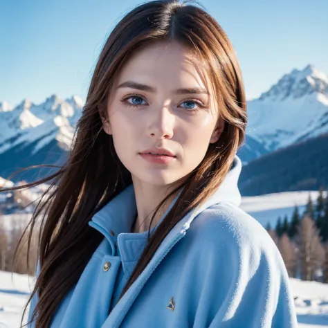  an amazingly beautiful Russian woman , The most beautiful in the world,   is standing on a snowy mountain  .  she has a perfect face ,  Piercing Blue Eyes ,   exhilarating race views facing the dynamic sky  .  Shes wearing a stylish winter coat that prote...