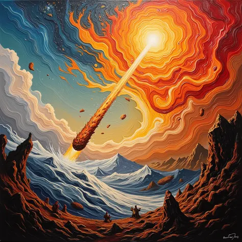 masterpiece, abstract painting,meteorite,It falls while burning a fire,from below