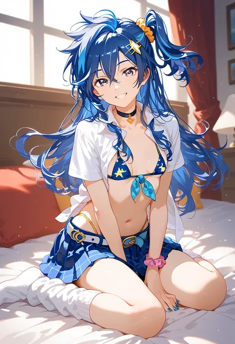 masterpiece, (((highest quality, perfect anatomy))), (full body), soft light, from front, at bedroom, sitting, closed legs, open knees, smile, 1girl, kazanari_tsubasa, long hair, largest sidetail hair, straight hair, indigo hair, purple eyes, hair between ...