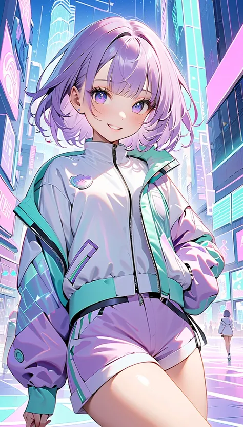 ((masterpiece)), ((best aesthetics), ((super resolution)), ((best quality)), ((futuristic anime-style outfit)), pastel purple hair, bob hair, pastel purple cropped bomber jacket, friendly smile, soft and cheerful expression, white tops, white sneakers, pas...