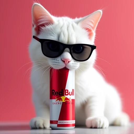 The white cat wearing sunglasses that became Red Bulls mascot drinks Red Bull