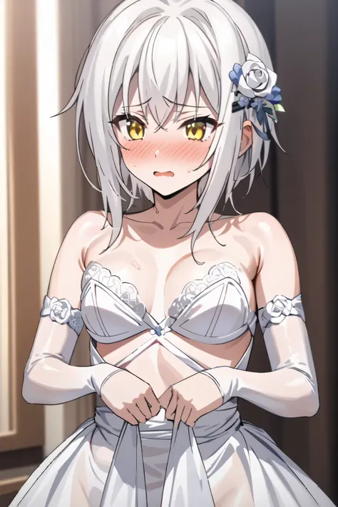 NSFW,masterpiece, top quality , high definition , very detailed,Tacheng Kitten、 short hair、 hair ornament、 yellow eyes、White Hair, wedding dress, Wedding Lingerie,Embarrassed,blush