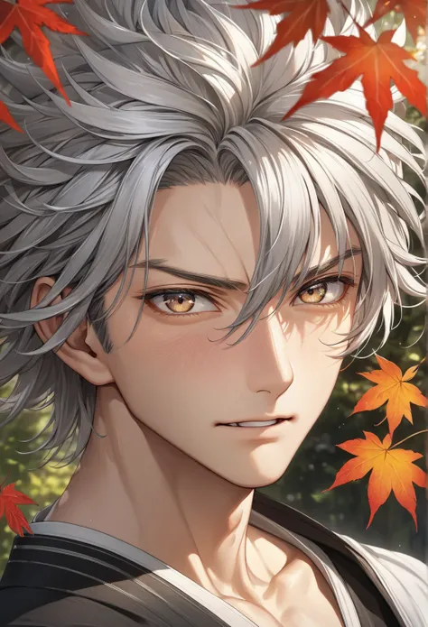 Handsome mature young boy, silver-haired man wearing mysterious oriental clothes( perfect anatomy ). messy hair, mane hair, dense hair, wild hair, expressive hair, short hair, Detailed face. handsome face, perfect face, (Embarrassed, Angry), young male, ma...