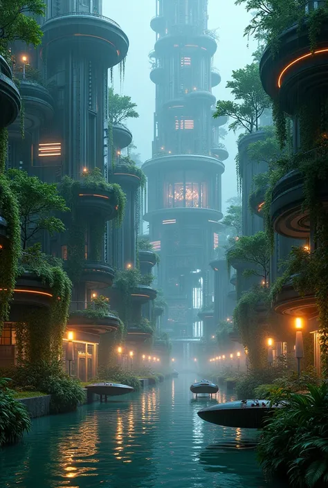 Futurism jungle cyber city, in flood rainny night scene, futuristic meet nature