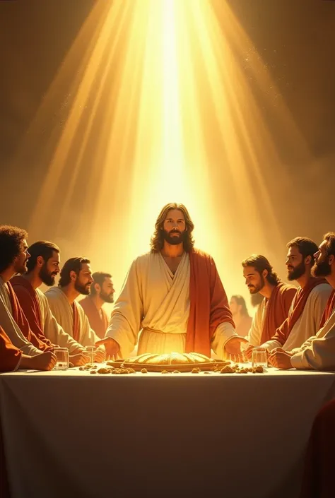 Jesus Christ with a strong golden light on him together with disciples gathered at Holy Supper in a place like golden sky bread and wine on the table with rays coming out of Jesus a blue light and a landscape of heaven in the sky