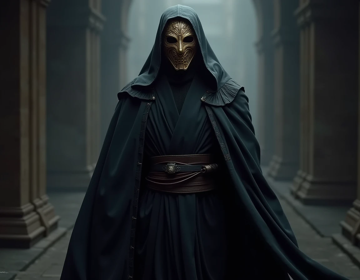 Man In Black Jedi Robe With Golden Mask realistic