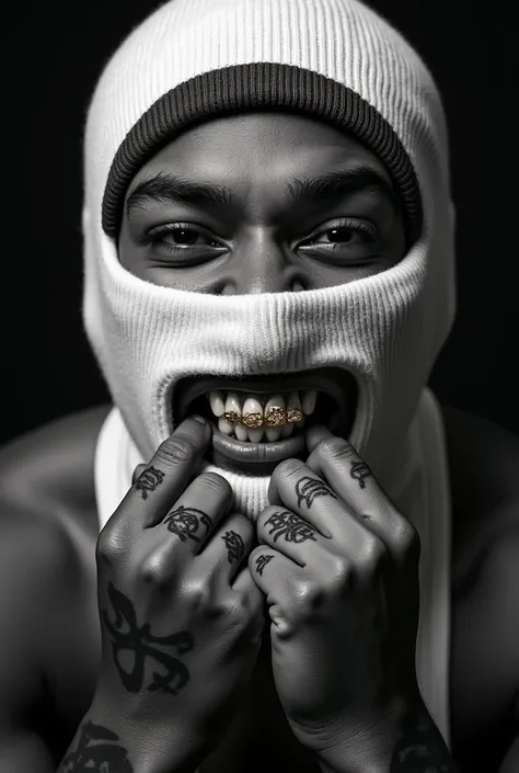 Close-up black and white portrait of a young adult male, likely in his late teens or early twenties, wearing a white knit balaclava with a red band at the top.  The subjects facial expression is intensely focused and slightly mischievous, with his mouth op...