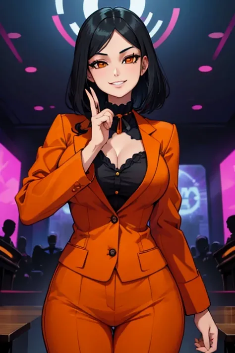 Perfect face. Perfect hands. A black haired woman with orange eyes in a cool orange suit is smiling in a Gothic ballroom