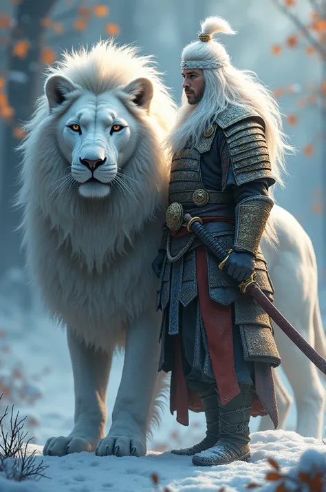 In this stunning visual composition, the samurai and his regal white lion are enveloped in a magical, wintry ambiance, their Rime Ice Frost embellishments creating an extraordinary contrast against the lush autumn landscape. The meticulous attention to det...