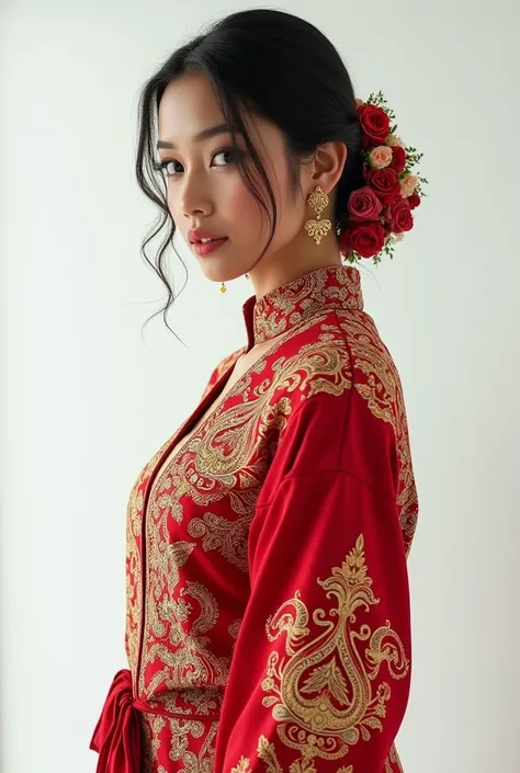 A very realistic beautiful young Malay woman with a full-body style, combined with traditional Indonesian kebaya attractions, batik long skirts, featuring a magnificent kebaya with cinematic and subtle lighting, highly detailed and intricate jewelry, spark...