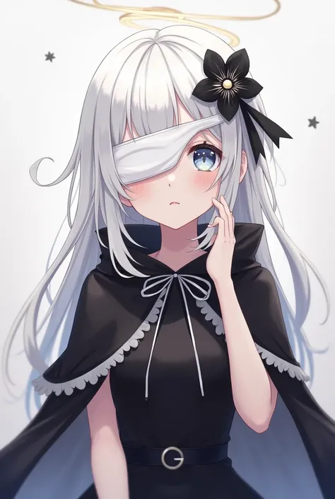 Create an anime girl with white hair has a black dress and a black cape on her back has a white blindfold covering her eyes has little angel wings on the side of her head has black and white flowers of her face has a black ribbon on the back of her head 