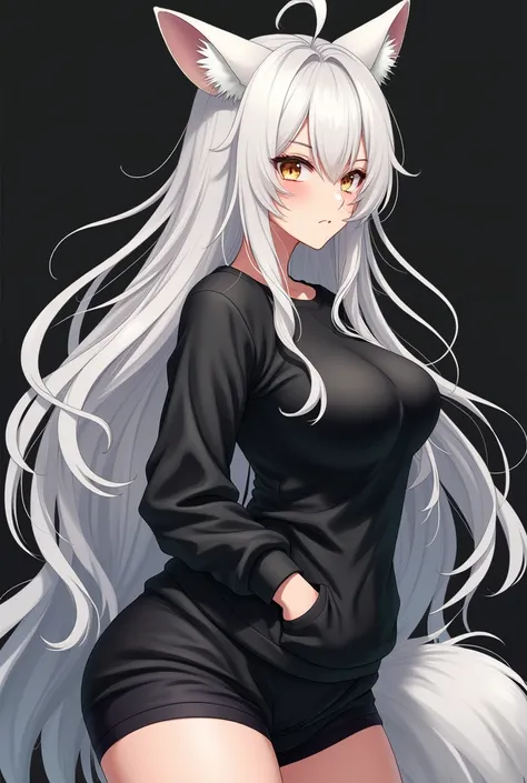  Sexy mature anime woman ,  masterpiece ,  best quality ,  Big breasts , ((Without jewels )), ((without collar),, ((No collar)), perfect hair,  long white hair, street clothes,  white fox ears , limited color, thighs,  golden eyes, seductive, minimal color...