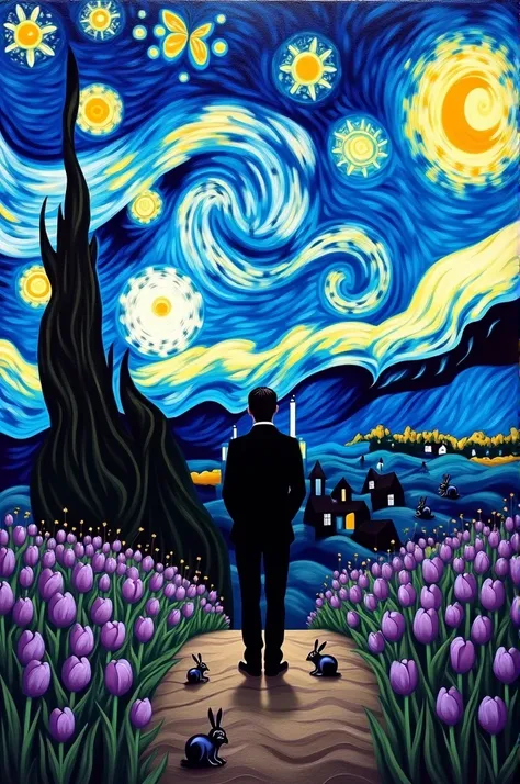  Create an oil painting of Van Goghs starry night with the perspective of the silhouette of a man inside the painting and having tulips, purple butterflies above the stars and rabbits 