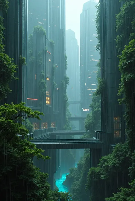 Futurism jungle cyber city, in flash flood hard rainny night scene, futuristic meet nature, calming quiet