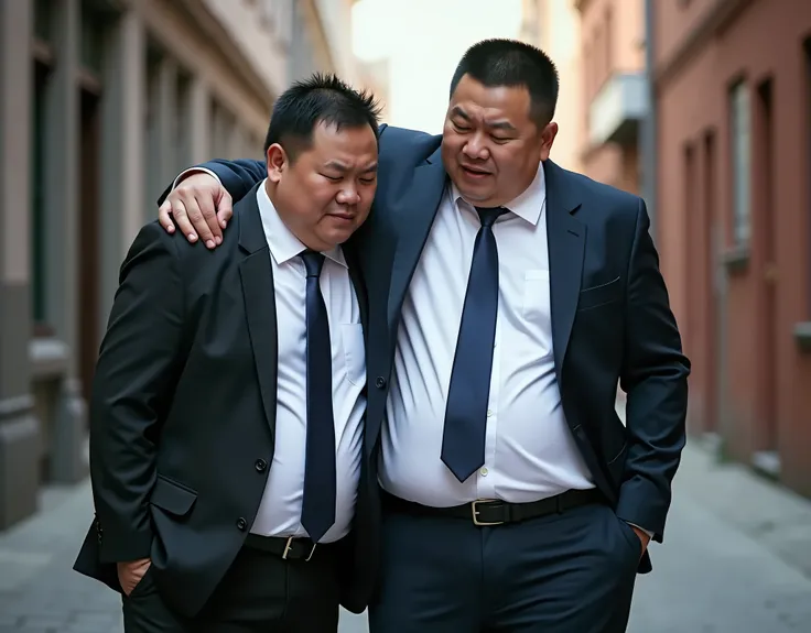  Best Quality ,  facial focus,  Ultra High Resolution , (Reality:1.4),  RAW Photo ,  two obese young Chinese men in suits，stomachache， expression pain， white shirt ，Short hair flat head，Lips tightly closed，Dark blue tie，Struggling to walk in the alley ，Hug...