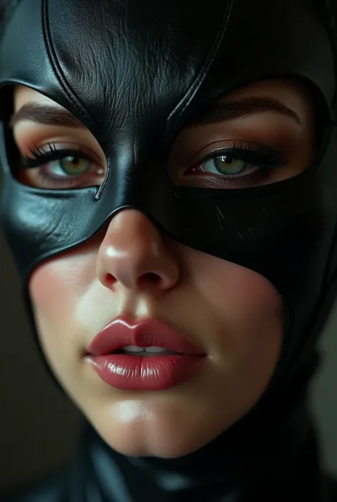 Close up of a beautiful woman wearing a beautiful Catwoman mask 、(( Intense Orgasms, ))、  beautiful model nose close-up 、 Focus on the nose , , focus clearly on your nose  、(( Nose hair grows inside the nasal cavity  ,  show your nostrils from below  ))  p...