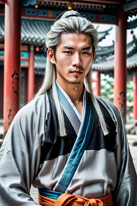 A handsome young guy, white hair and grey eyes. Long hair, pointed facial features.A guy about 20 years old. A young guy. Dressed like a young gentleman from the Ming or Qing dynasty. 