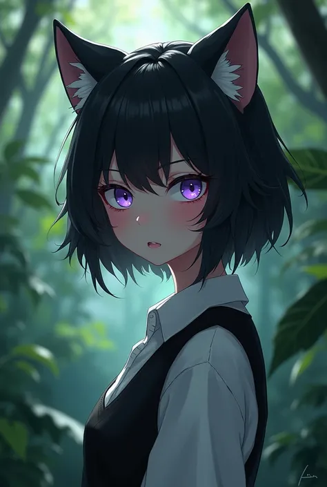 man,rwmaja female , short wolf cut hair in black,  purple violet eyes ,  flat facial expression ,  withe shirt ,  black vest cute , half body, jungle background
