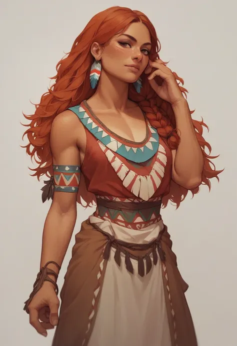 pale redhead woman in native american dress