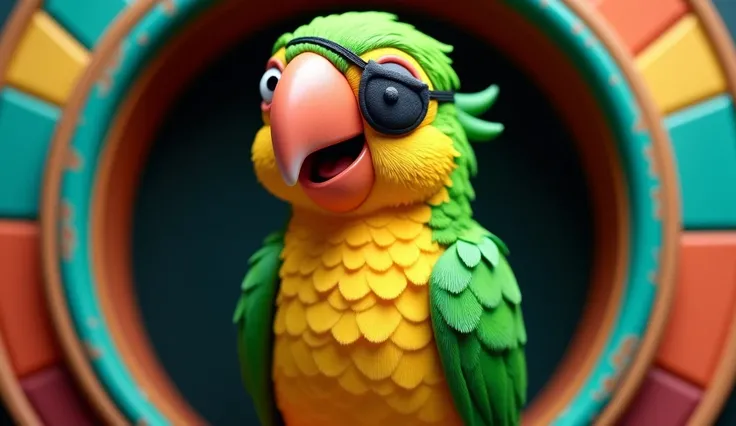 (Whimsical parrot portrait:1.4) photo of a vibrant, cartoonish parrot, with striking emerald green and yellow feathers, a playful expression, and a pirates eye patch over one eye, perched in a circular frame with bold colors and geometric patterns, against...