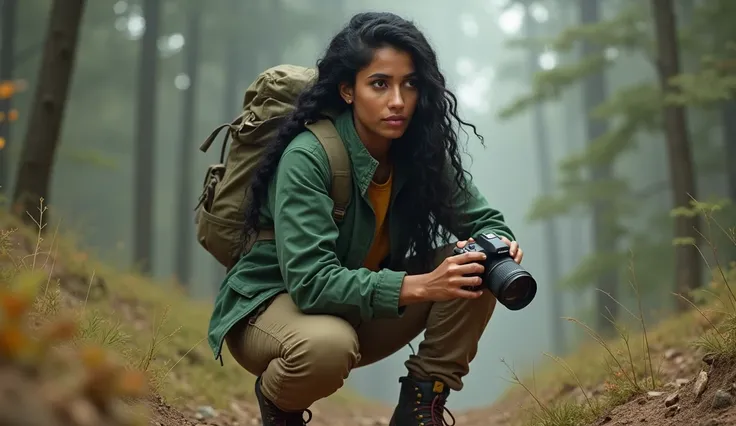 
3. Payal - An intelligent, cautious woman with long braided black hair, wearing a green jacket, beige pants, and trekking boots, holding a camera and looking concerned.
