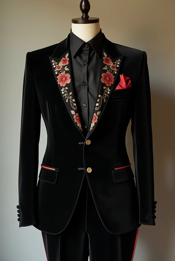   On a mannequin This suit has a much softer and more delicate touch .  The jacket is made of black velvet ,  with a lighter cut and comfortably adjusted to the body .  The gold seams and metallic buttons give a discreet and elegant shine.  The collar embr...