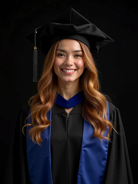 Photo 4k HD,  Pedagogy graduate , Beca Preta with blue details ,  black hat blue details .  black background. Brown-colored person , long wavy hair with highlights illuminated in gold. Photo