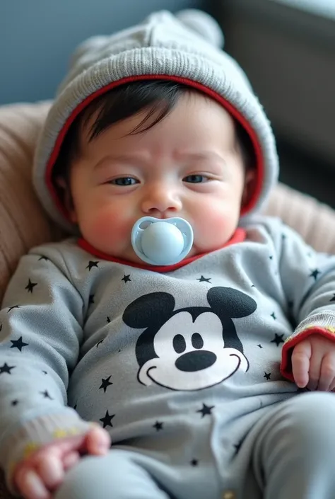  creates a newborn image, Hwang In-yeop, beautiful blue eyes and pink cheeks with a pacifier and light eyelashes, she wears a baby hat and wears a gray baby bodysuit with a pattern of black stars and a Mickey Mouse graphic in the center. The bodysuit has r...