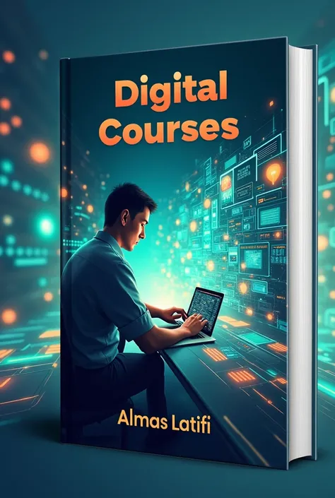 "Design a sleek, modern book cover for an online education and digital course guide titled Digital Courses with the author name ALMAS LATIFI at the bottom. The cover should visually represent the world of online learning, digital courses, and education tec...