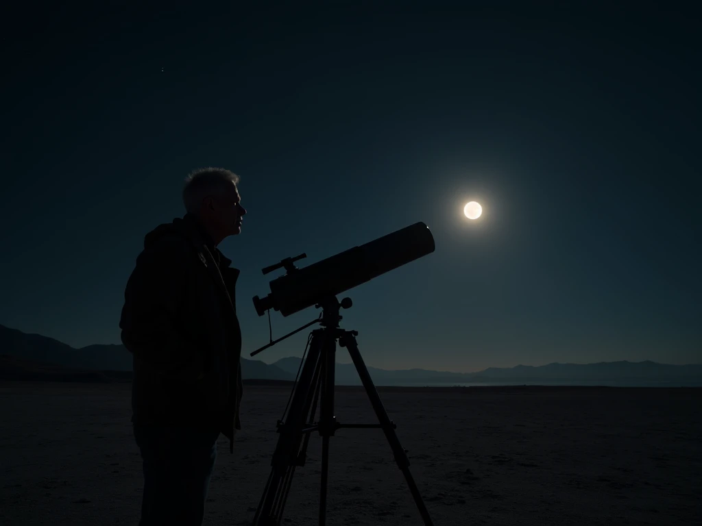  high quality,  8k Ultra HD, extreme sharpness , extreme realism.  A man of about 50 is standing in front of a telescope in a barren place,  looking at a completely clear sky ,  with a full Moon in the sky . Apart from the Moon ,  the sky is completely bla...