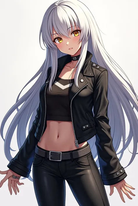  Anime girl with long white hair ,  generally styled in an aggressive manner.  Her eyes are intense and expressive , firm look,  golden eyes,  has an upright and confident posture , bold clothing style ,  black leather jacket , tight pants, visible tattoos