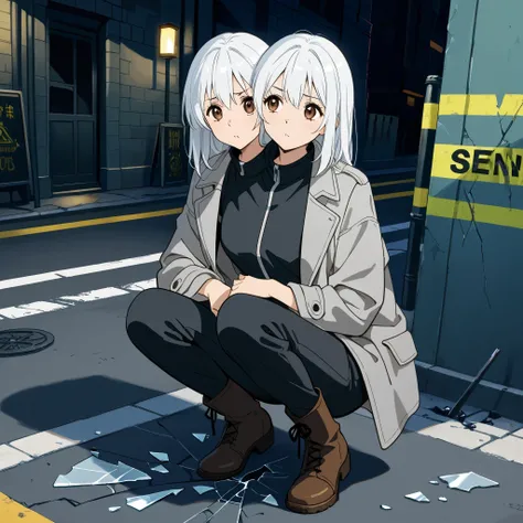 anime girl with two heads, curious, investigative, thinking, white hair, brown eyes, gray jacket, black long pants, boots, squatting, broken glass on the ground, crime scene, urban streetside at night