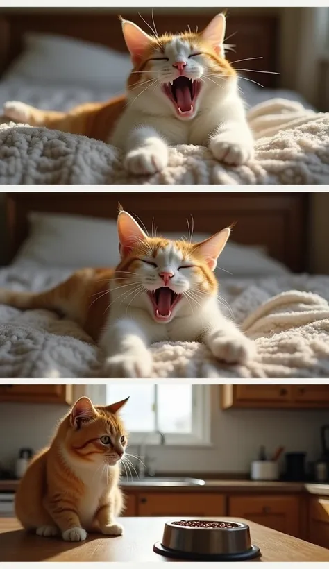 A cat waking up, stretching its paws adorably on a cozy bed or carpet.


2. The same cat yawning with its eyes half-closed.


3. A kitchen scene with the cat sitting beside a food bowl, meowing or looking impatient.
