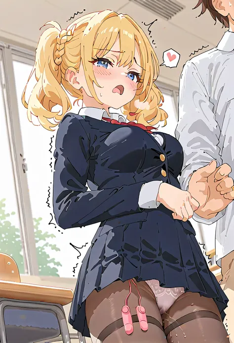 (masterpiece,beautiful,hughres,CG,8k,16k,best quality,high-resolution,detailed fingers,detailed hands,detailed legs,detailed eyes:1.5),from side,from below,panties focus,1girl,(classroom:1.5),(blonde hair:1,8),(braided hair,twintails:1.5),(school uniform,w...