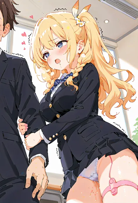 (masterpiece,beautiful,hughres,CG,8k,16k,best quality,high-resolution,detailed fingers,detailed hands,detailed legs,detailed eyes:1.5),from side,from below,panties focus,1girl,(classroom:1.5),(blonde hair:1,8),(braided hair,twintails:1.5),(school uniform,w...