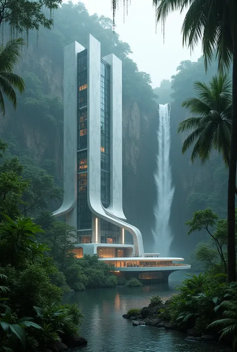 Futurism jungle cyber city, in biggest waterfall, rainny night scene, futuristic meet nature, calming quiet,unusual futuristic white marble building