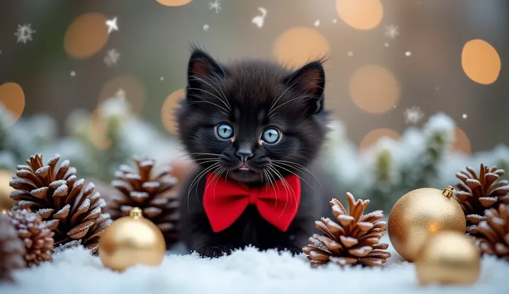 A black kitten with a shiny red bow around its neck, surrounded by snow-dusted pinecones and golden ornaments.