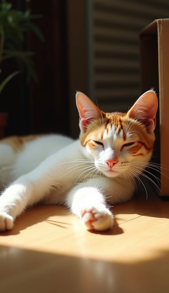 The cat lying lazily on a sunny spot on the floor, eyes half-closed, soaking up sunlight.


2. A playful moment of the cat knocking a book or a cup off a table, looking mischievous.


3. The cat curled up in an odd spot like a laundry basket or a box, soun...