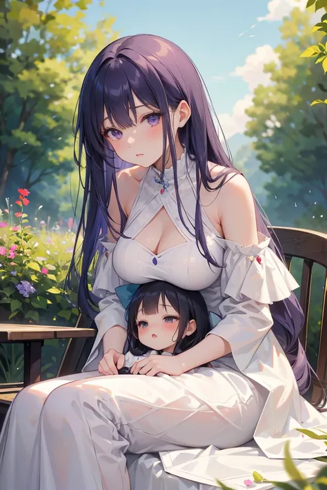  mature woman ， plump breasts ，Long straight purple hair , in an evening dress ， ai hoshino eyes， where the woman in the evening dress is holding a girl、The girl is  ，Relaxation posture, sit, Review, HEALTHY SKIN , Outdoor scenery, Green leaves and blue sk...