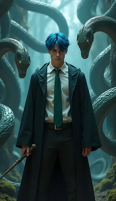 1man, muscular man,(beefy),muscularbear,teenage,very short hair,blue hair, white shirt, green necktie, black robe, handsome, hogwarts student, holding short wand, cinematic lighting, detailed facial features, chiaroscuro, dramatic lighting, high contrast, ...