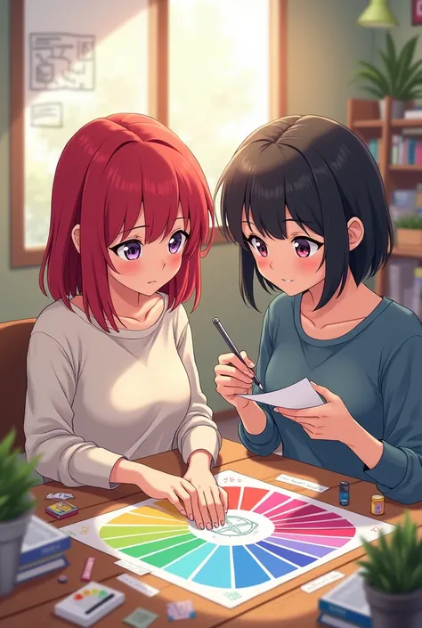 Anime artstyle but the red hair girl is making a poster while the other black hair is listing in a paper in one picture and same time they do it and they both are short hair