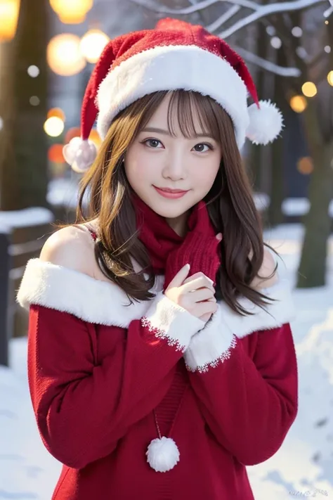 A stunning female Coquettish Japanese idol poses for a photo shoot on the snowing street. awesome smiling, bob cut hair

beautiful idol in red santa crochet sweater, red santa costume , scarf, knit cap, She has a box of gifts,Christmas gifts wrapping, Boxe...