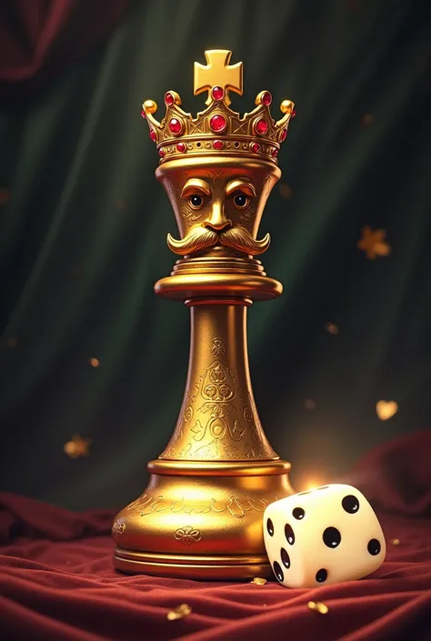 "A detailed and artistic illustration of a golden king chess piece with a royal mustache, crown adorned with red gemstones, and an intense expression. The background features an elegant white dice with black dots, softly glowing as if enchanted, set agains...